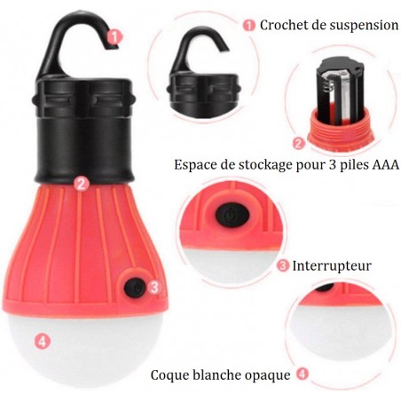 LAMPE DE CAMPING A SUSPENSION 3 LED ROUGE