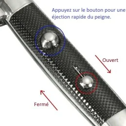 PEIGNE DE POCHE PLIABLE EN FORME DE COUTEAU À CRAN D'ARRÊT NOIR/ARGENT