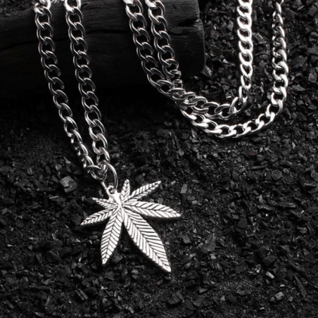 CHAÎNE + PENDENTIF FEUILLE DE CANNABIS ARGENT