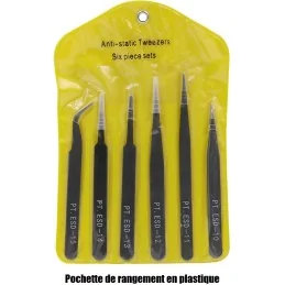 PINCETTES DE PRÉCISION ANTISTATIQUES ESD ACIER INOXYDABLE 1,5mm NOIR (pochette 6 pcs)