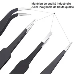 PINCETTES DE PRÉCISION ANTISTATIQUES ESD ACIER INOXYDABLE 1,5mm NOIR (pochette 6 pcs)