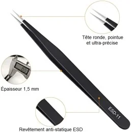 PINCETTES DE PRÉCISION ANTISTATIQUES ESD ACIER INOXYDABLE 1,5mm NOIR (pochette 6 pcs)