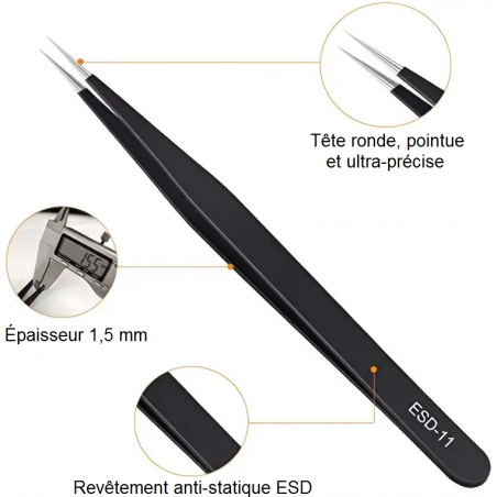 PINCETTES DE PRÉCISION ANTISTATIQUES ESD ACIER INOXYDABLE 1,5mm NOIR (pochette 6 pcs)