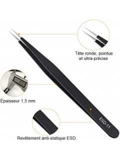 PINCETTES DE PRÉCISION ANTISTATIQUES ESD ACIER INOXYDABLE 1,5mm NOIR (pochette 6 pcs)