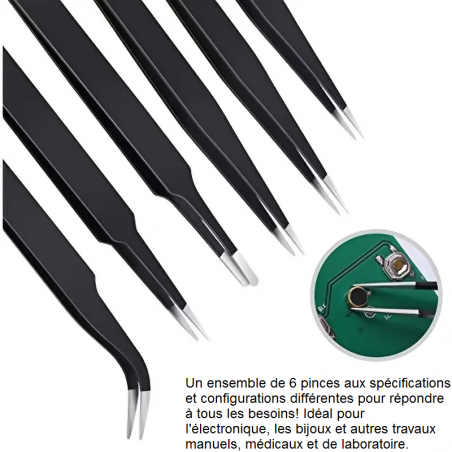 PINCETTES DE PRÉCISION ANTISTATIQUES ESD ACIER INOXYDABLE 1,5mm NOIR (pochette 6 pcs)