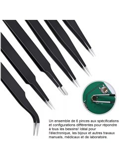 PINCETTES DE PRÉCISION ANTISTATIQUES ESD ACIER INOXYDABLE 1,5mm NOIR (pochette 6 pcs)