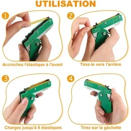 PISTOLET À ÉLASTIQUE PLIABLE 6 COUPS VERT (avec porte-clés + 60 élastiques)