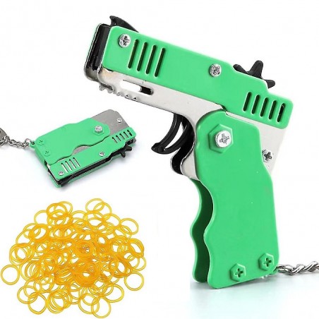 PISTOLET À ÉLASTIQUE PLIABLE 6 COUPS VERT (avec porte-clés + 60 élastiques)