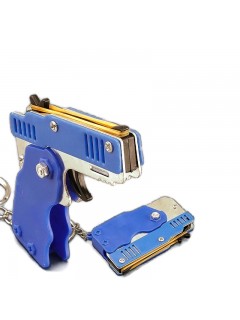 PISTOLET À ÉLASTIQUE PLIABLE 6 COUPS BLEU (avec porte-clés + 60 élastiques)