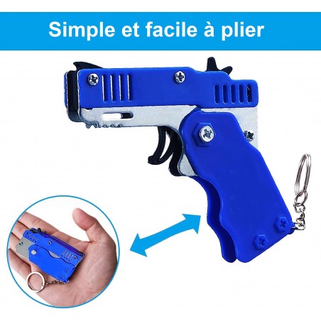 PISTOLET À ÉLASTIQUE PLIABLE 6 COUPS BLEU (avec porte-clés + 60 élastiques)