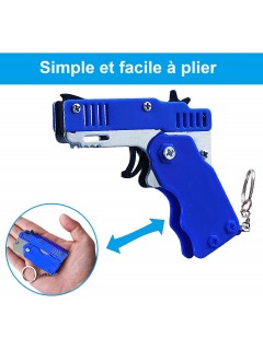 PISTOLET À ÉLASTIQUE PLIABLE 6 COUPS BLEU (avec porte-clés + 60 élastiques)