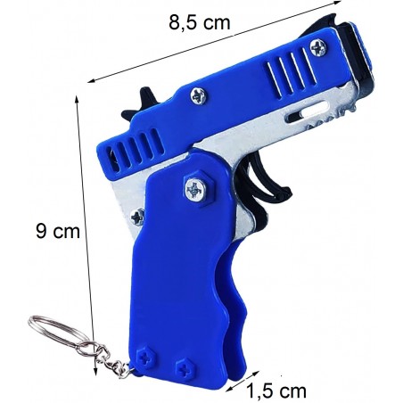 PISTOLET À ÉLASTIQUE PLIABLE 6 COUPS BLEU (avec porte-clés + 60 élastiques)