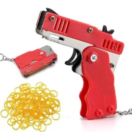 PISTOLET À ÉLASTIQUE PLIABLE 6 COUPS ROUGE (avec porte-clés + 60 élastiques)