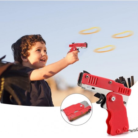 PISTOLET À ÉLASTIQUE PLIABLE 6 COUPS ROUGE (avec porte-clés + 60 élastiques)