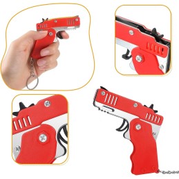 PISTOLET À ÉLASTIQUE PLIABLE 6 COUPS ROUGE (avec porte-clés + 60 élastiques)