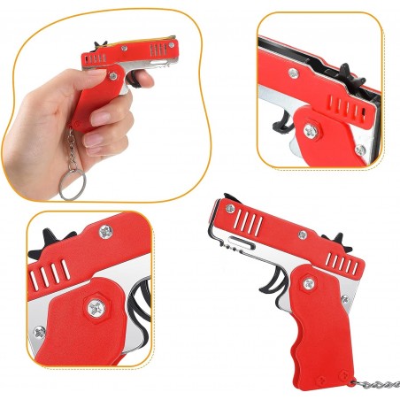 PISTOLET À ÉLASTIQUE PLIABLE 6 COUPS ROUGE (avec porte-clés + 60 élastiques)