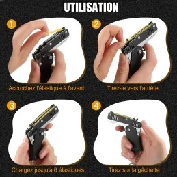 PISTOLET À ÉLASTIQUE PLIABLE 6 COUPS NOIR (avec porte-clés + 60 élastiques)