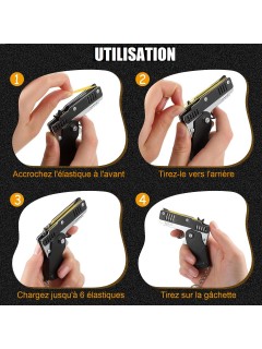 PISTOLET À ÉLASTIQUE PLIABLE 6 COUPS NOIR (avec porte-clés + 60 élastiques)