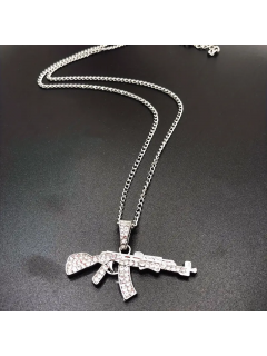 CHAÎNE + PENDENTIF AK-47 EN DIAMANT ARTIFICIEL ARGENT