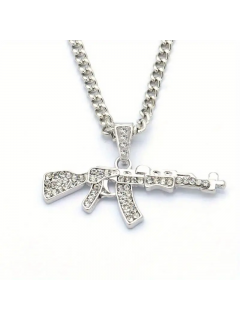 CHAÎNE + PENDENTIF AK-47 EN DIAMANT ARTIFICIEL ARGENT