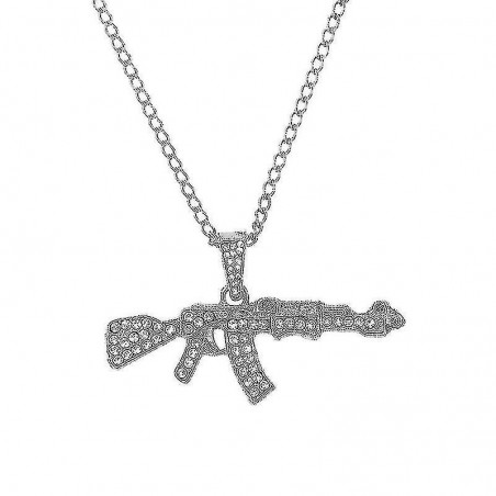 CHAÎNE + PENDENTIF AK-47 EN DIAMANT ARTIFICIEL ARGENT