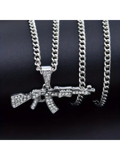 CHAÎNE + PENDENTIF AK-47 EN DIAMANT ARTIFICIEL ARGENT