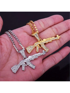 CHAÎNE + PENDENTIF AK-47 EN DIAMANT ARTIFICIEL ARGENT