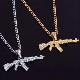 CHAÎNE + PENDENTIF AK-47 EN DIAMANT ARTIFICIEL ARGENT