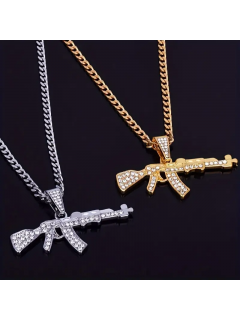 CHAÎNE + PENDENTIF AK-47 EN DIAMANT ARTIFICIEL ARGENT