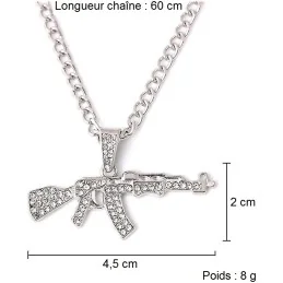 CHAÎNE + PENDENTIF AK-47 EN DIAMANT ARTIFICIEL ARGENT