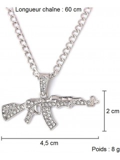 CHAÎNE + PENDENTIF AK-47 EN DIAMANT ARTIFICIEL ARGENT