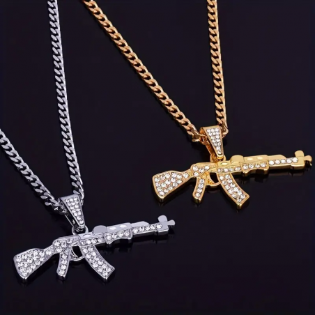 CHAÎNE + PENDENTIF AK-47 EN DIAMANT ARTIFICIEL OR