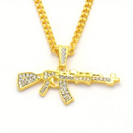 CHAÎNE + PENDENTIF AK-47 EN DIAMANT ARTIFICIEL OR