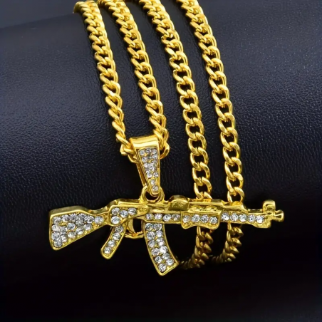 CHAÎNE + PENDENTIF AK-47 EN DIAMANT ARTIFICIEL OR