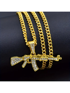 CHAÎNE + PENDENTIF AK-47 EN DIAMANT ARTIFICIEL OR