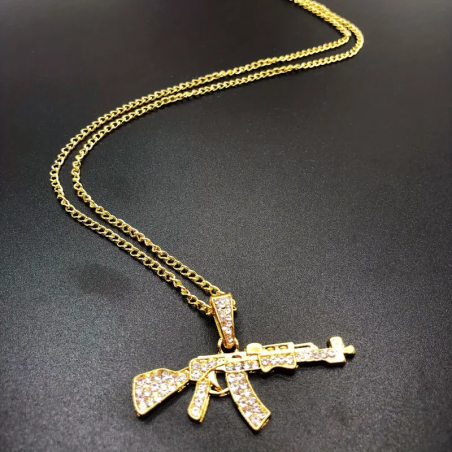 CHAÎNE + PENDENTIF AK-47 EN DIAMANT ARTIFICIEL OR