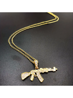 CHAÎNE + PENDENTIF AK-47 EN DIAMANT ARTIFICIEL OR