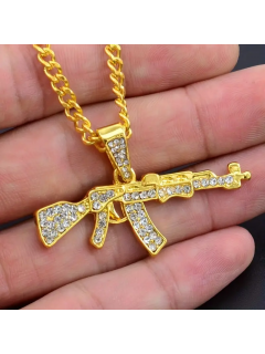 CHAÎNE + PENDENTIF AK-47 EN DIAMANT ARTIFICIEL OR