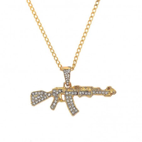 CHAÎNE + PENDENTIF AK-47 EN DIAMANT ARTIFICIEL OR