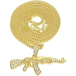 CHAÎNE + PENDENTIF AK-47 EN DIAMANT ARTIFICIEL OR