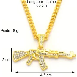 CHAÎNE + PENDENTIF AK-47 EN DIAMANT ARTIFICIEL OR