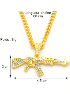 CHAÎNE + PENDENTIF AK-47 EN DIAMANT ARTIFICIEL OR