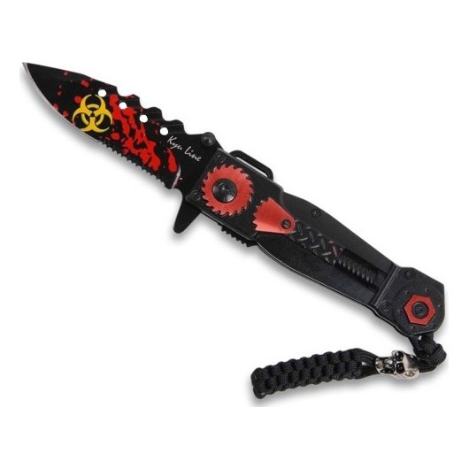 COUTEAU PLIANT KYU LINE BIOHAZARD BLOOD NOIR/ROUGE + CORDON (lame 8,5cm)