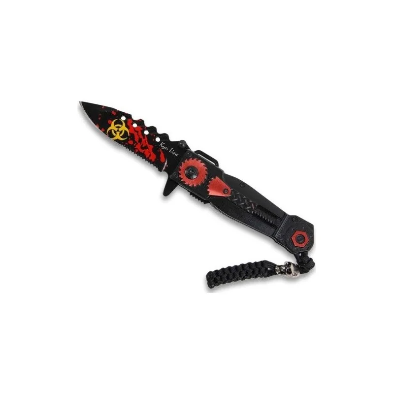 COUTEAU PLIANT KYU LINE BIOHAZARD BLOOD NOIR/ROUGE + CORDON (lame 8,5cm)