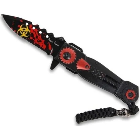 COUTEAU PLIANT KYU LINE BIOHAZARD BLOOD NOIR/ROUGE + CORDON (lame 8,5cm)