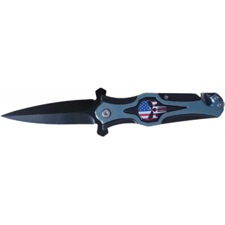 COUTEAU PUNISHER USA NOIR/BLEU AVEC OUVERTURE ASSISTÉE, CLIP/COUPE-CEINTURE & BRISE-VITRE (lame 9,5cm)