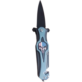 COUTEAU PUNISHER USA NOIR/BLEU AVEC OUVERTURE ASSISTÉE, CLIP/COUPE-CEINTURE & BRISE-VITRE (lame 9,5cm)