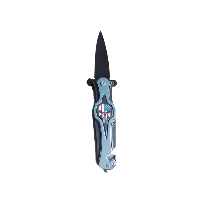 COUTEAU PUNISHER USA NOIR/BLEU AVEC OUVERTURE ASSISTÉE, CLIP/COUPE-CEINTURE & BRISE-VITRE (lame 9,5cm)