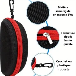 ÉTUI À LUNETTES SEMI-RIGIDE PORTABLE AVEC FERMETURE ZIPPÉE & MOUSQUETON NOIR/ROUGE