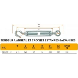 TENDEUR ANNEAU/CROCHET GALVANISE (12 mm) 